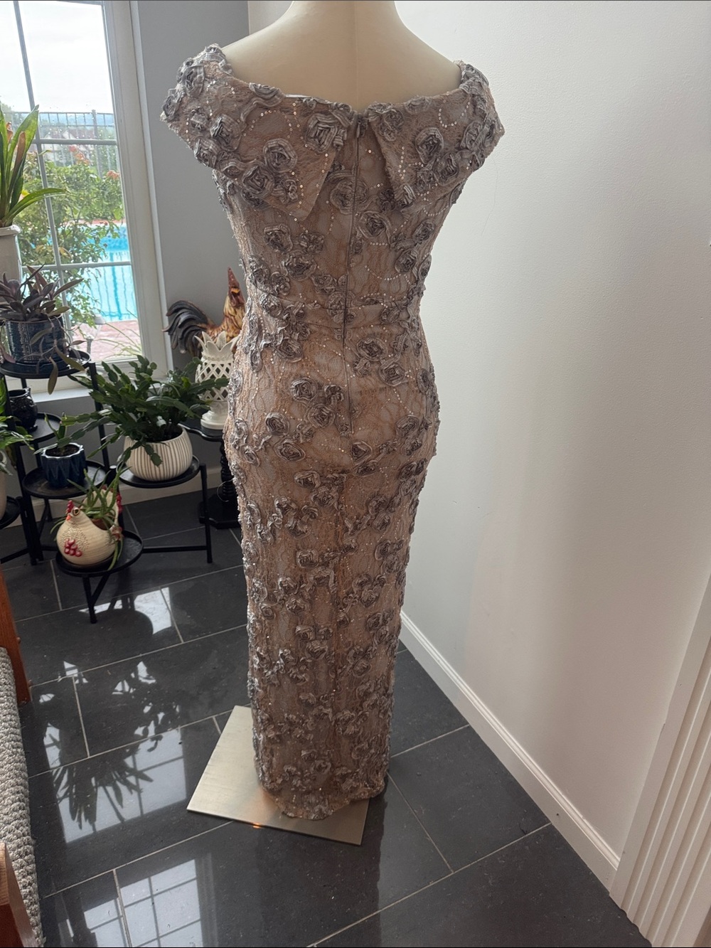 Xscape Nude-Beige Beaded Floral Maxi Dress with Front Slit - Picture 3 of 9